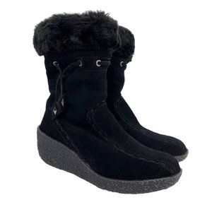 Brilliant Black Faux Fur Trim Suede Wedge Insulated Waterproof Womens Boots 7.5